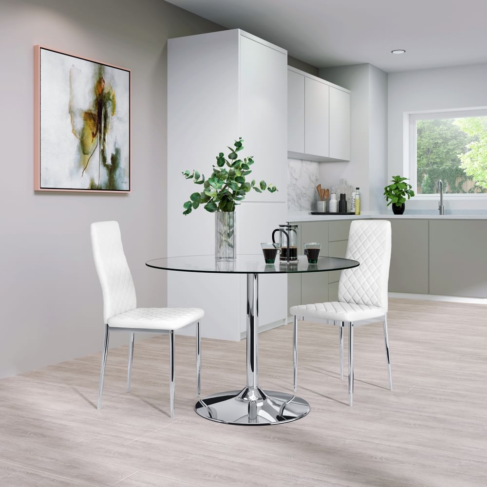 Orbit Round Dining Table & 2 Renzo Chairs, Glass & Chrome, White Classic Faux Leather, 110cm