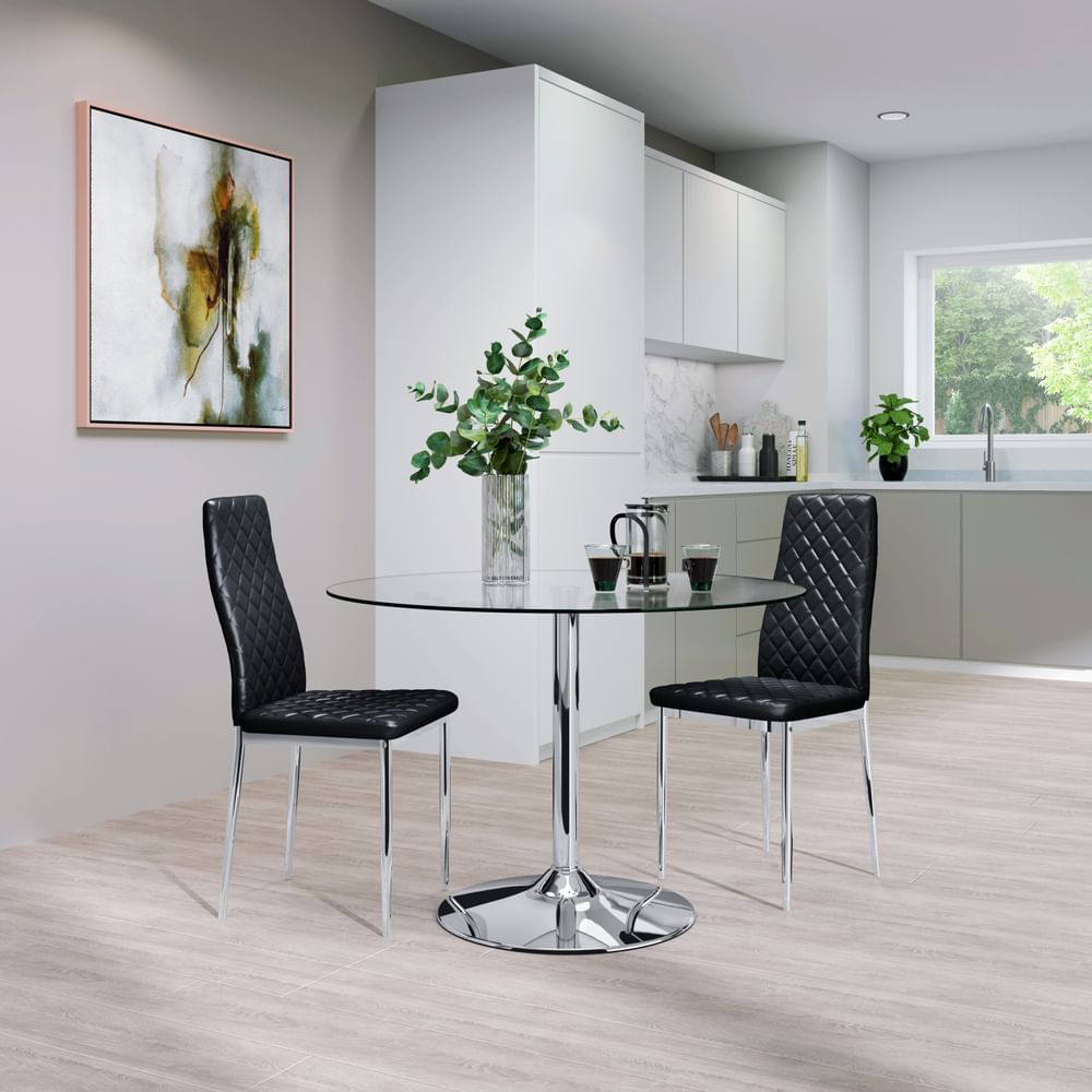 Orbit Round Dining Table & 2 Renzo Chairs, Glass & Chrome, Black Classic Faux Leather, 110cm