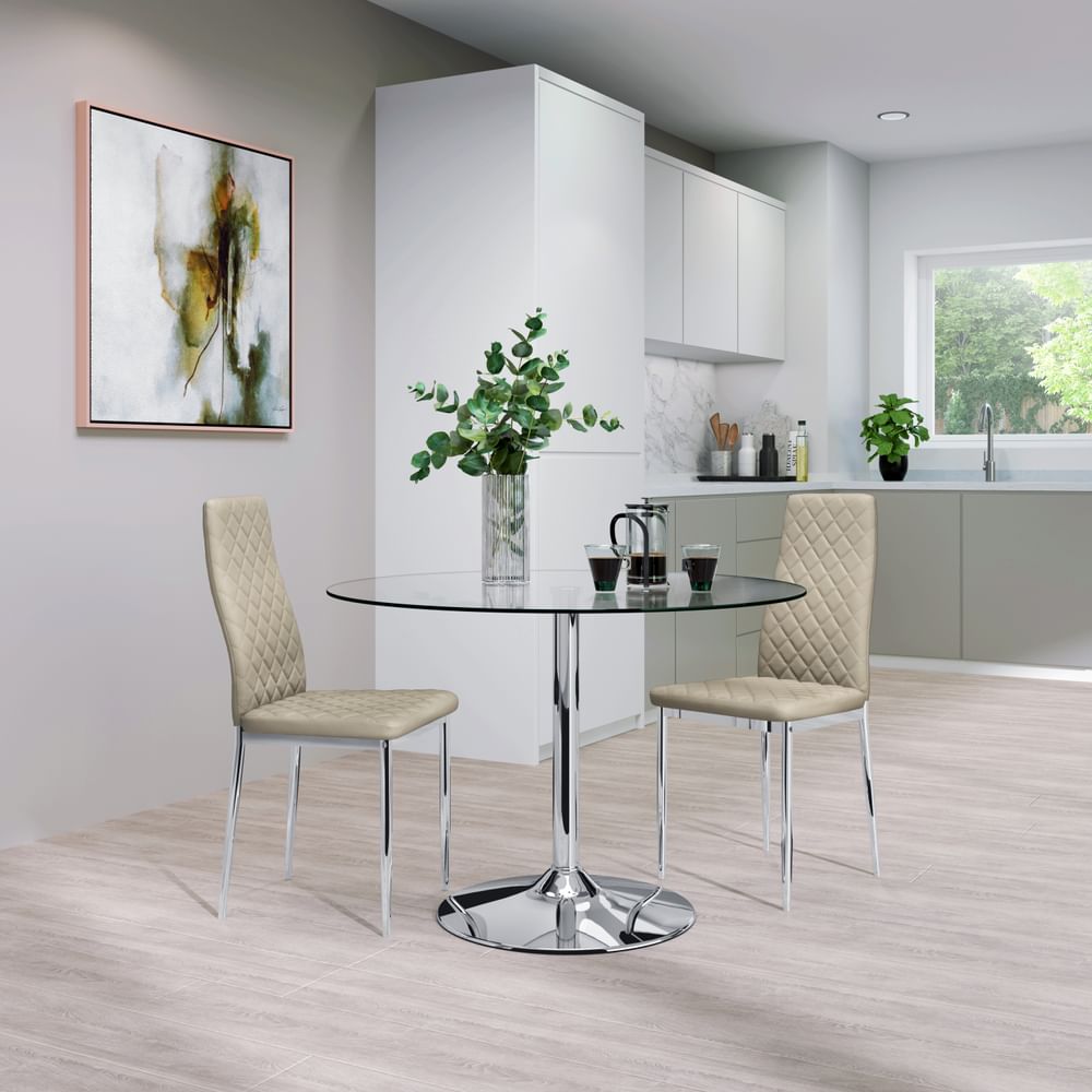 Orbit Round Dining Table & 2 Renzo Chairs, Glass & Chrome, Stone Grey Classic Faux Leather, 110cm