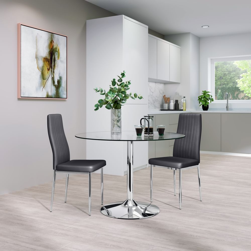 Orbit Round Dining Table & 2 Leon Chairs, Glass & Chrome, Grey Classic Faux Leather, 110cm