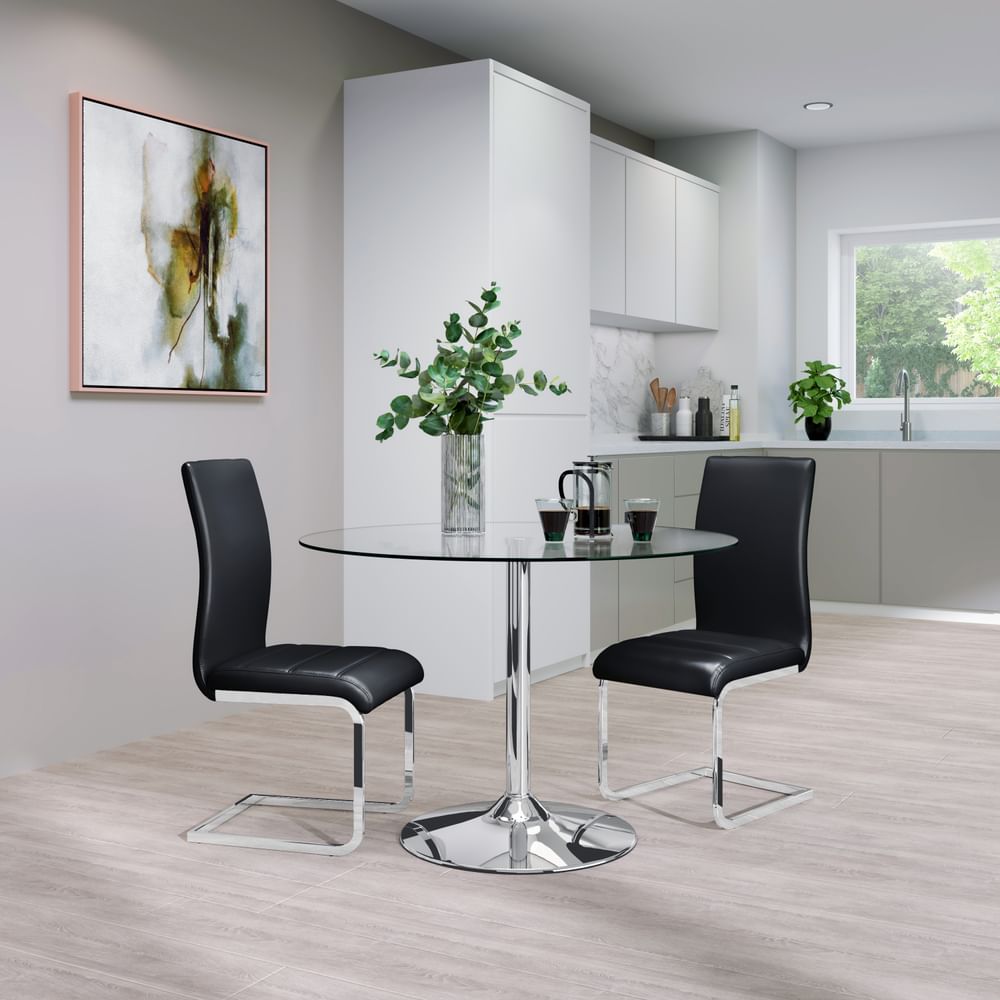 Orbit Round Dining Table & 2 Perth Chairs, Glass & Chrome, Black Classic Faux Leather, 110cm