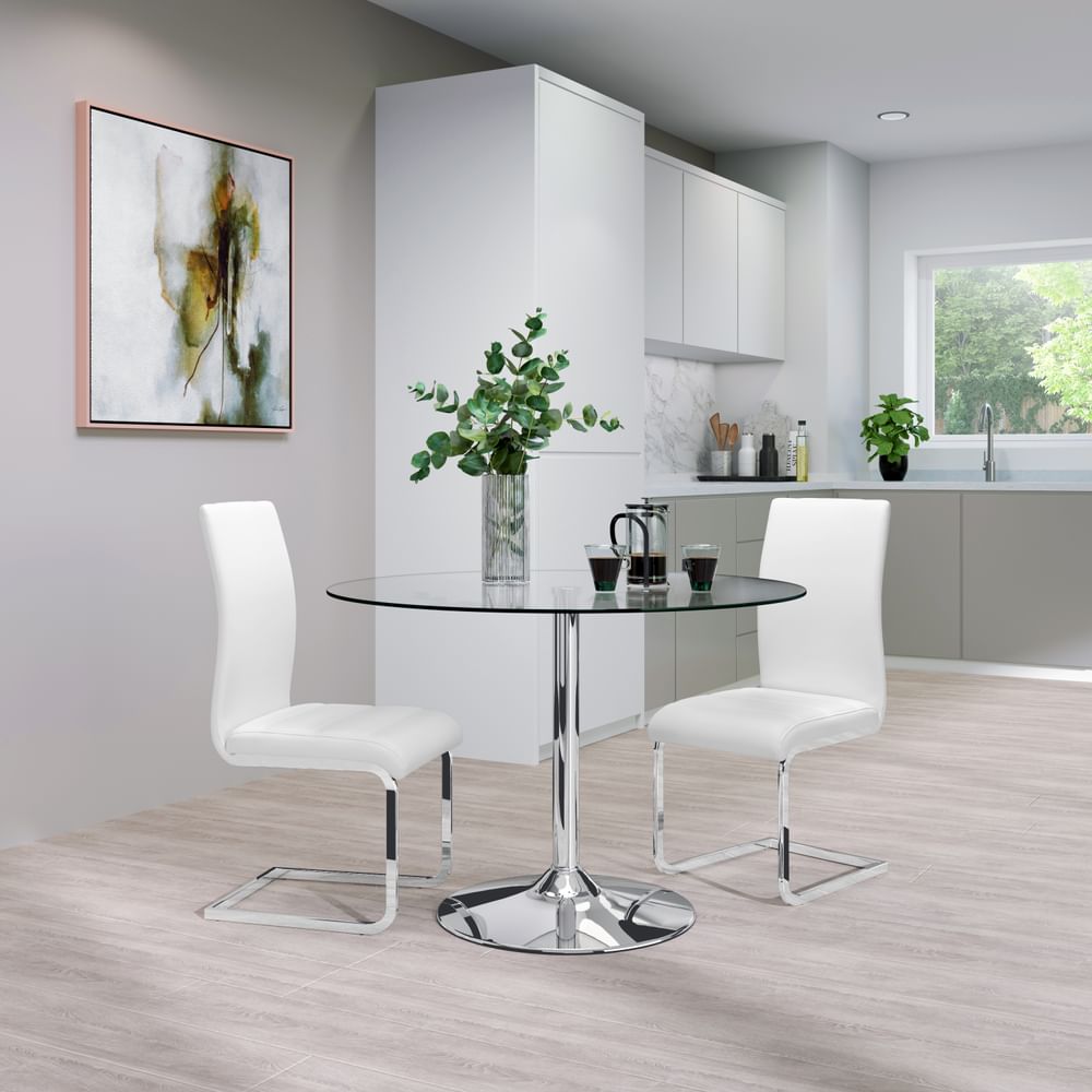 Orbit Round Dining Table & 2 Perth Chairs, Glass & Chrome, White Classic Faux Leather, 110cm