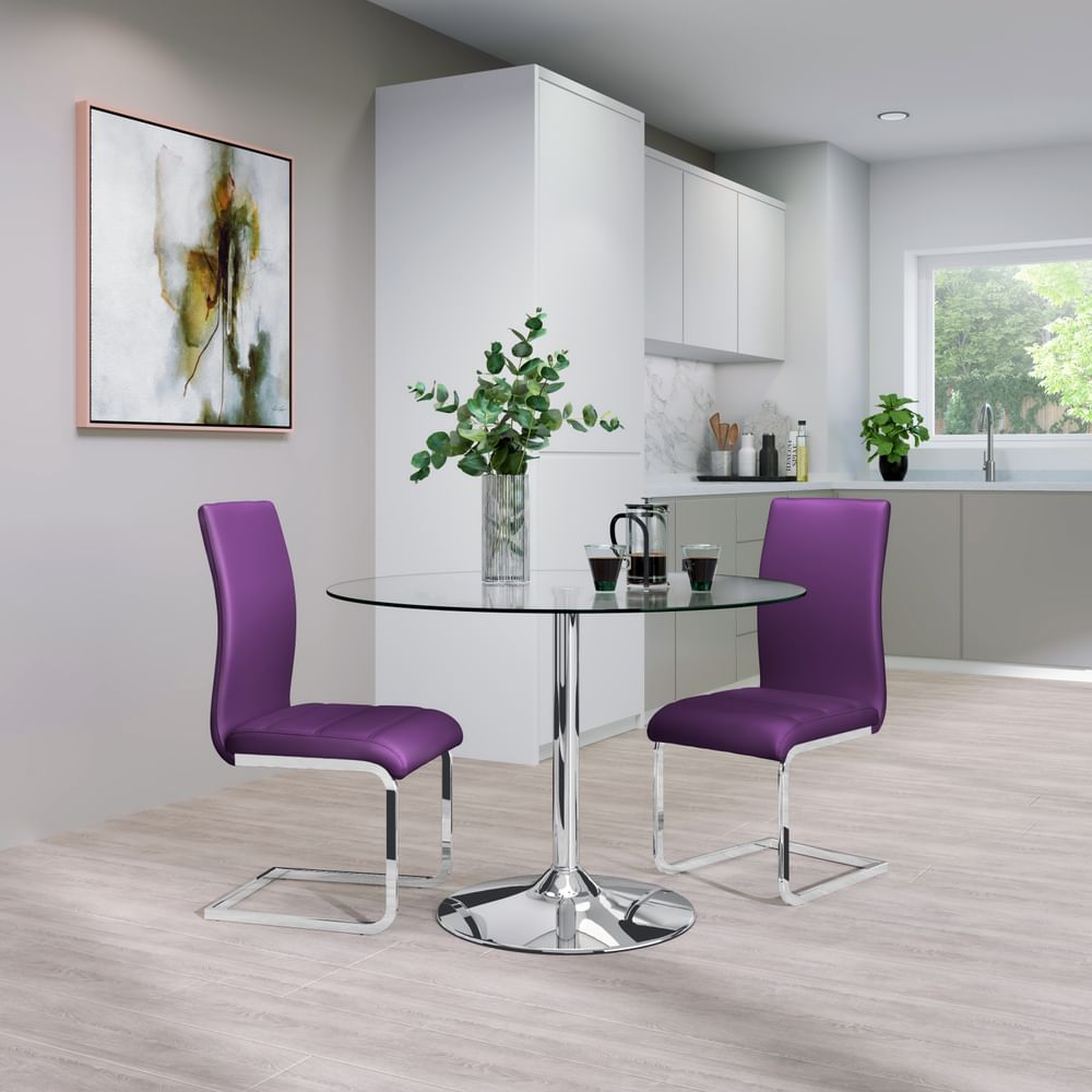 Orbit Round Dining Table & 2 Perth Chairs, Glass & Chrome, Purple Classic Faux Leather, 110cm