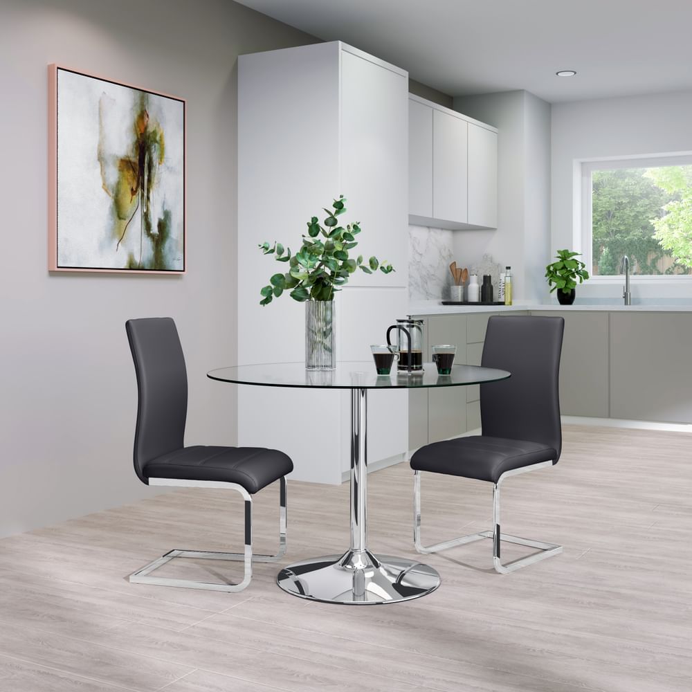 Orbit Round Dining Table & 2 Perth Chairs, Glass & Chrome, Grey Classic Faux Leather, 110cm