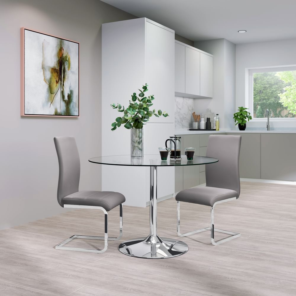 Orbit Round Dining Table & 2 Perth Chairs, Glass & Chrome, Grey Classic Velvet, 110cm