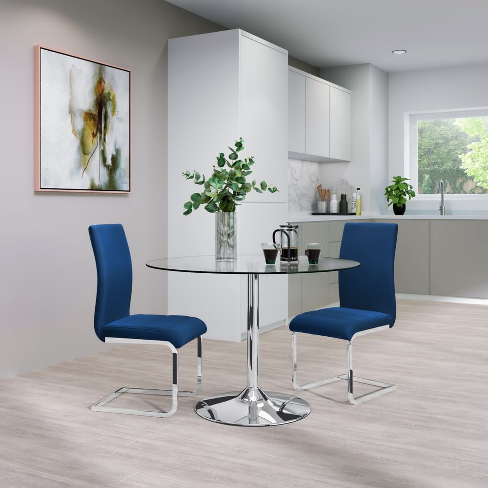 Orbit Round Chrome And Glass Dining, Glass Dining Table With Blue Velvet Chairs