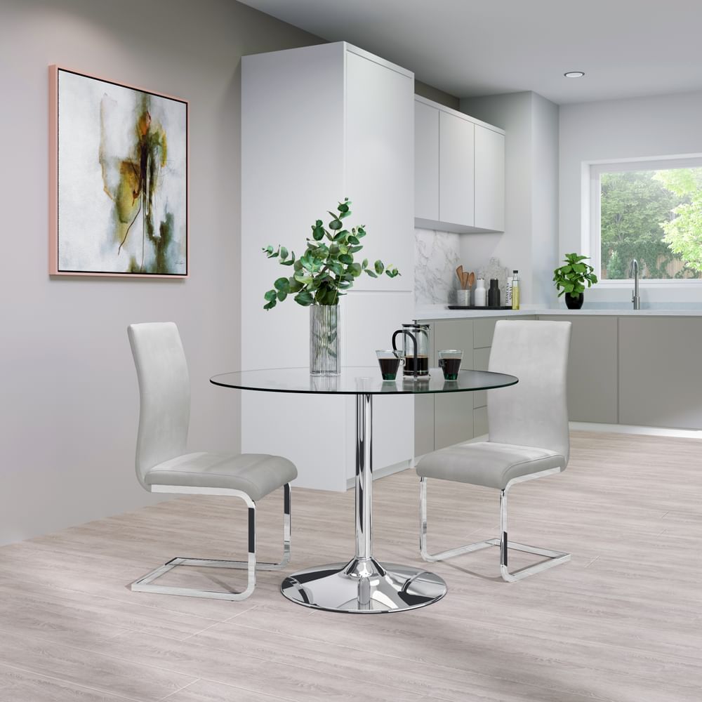 Orbit Round Dining Table & 2 Perth Chairs, Glass & Chrome, Dove Grey Classic Plush Fabric, 110cm