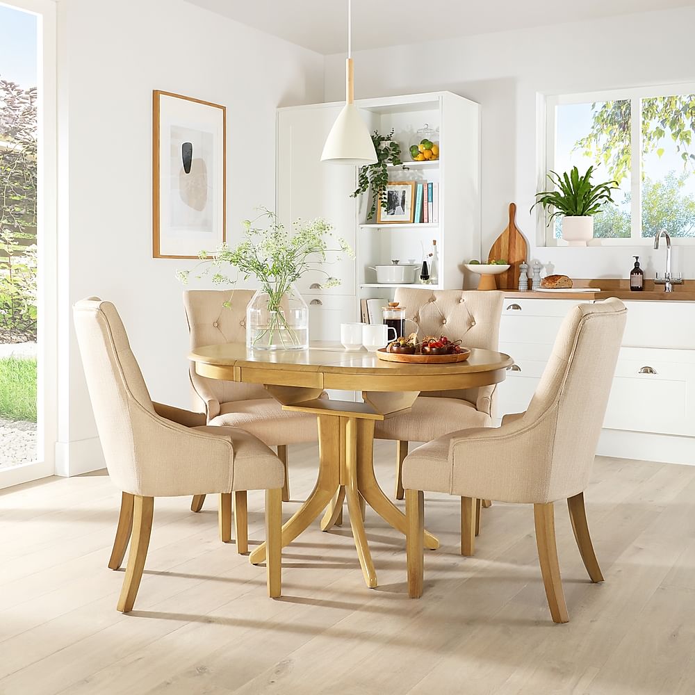 Hudson Round Extending Dining Table & 4 Duke Chairs, Natural Oak Finished Solid Hardwood, Oatmeal Classic Linen-Weave Fabric, 90-120cm