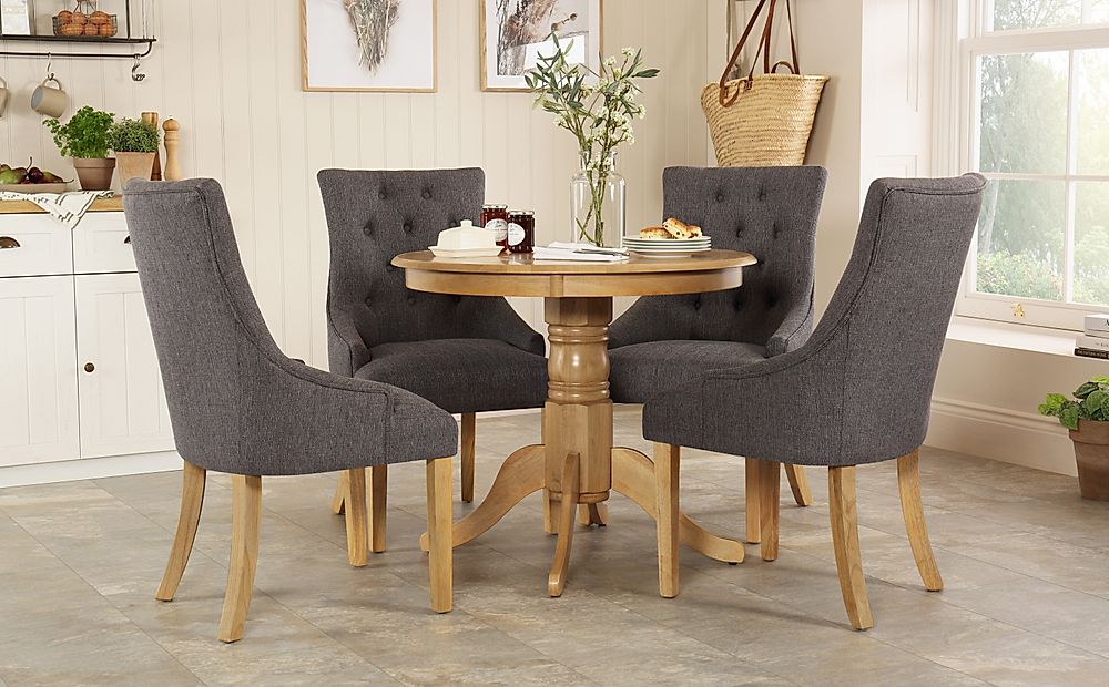 Kingston Round Dining Table & 4 Duke Chairs, Natural Oak Finished Solid Hardwood, Slate Grey Classic Linen-Weave Fabric, 90cm