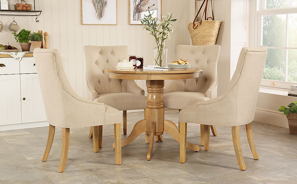Kingston Round Dining Table & 4 Duke Chairs, Natural Oak Finished Solid Hardwood, Oatmeal Classic Linen-Weave Fabric, 90cm