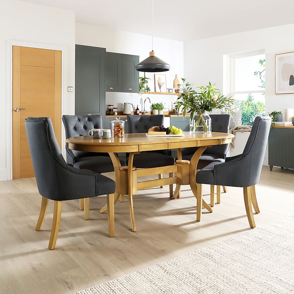 Townhouse Oval Extending Dining Table & 4 Duke Chairs, Natural Oak Finished Solid Hardwood, Slate Grey Classic Linen-Weave Fabric, 150-180cm