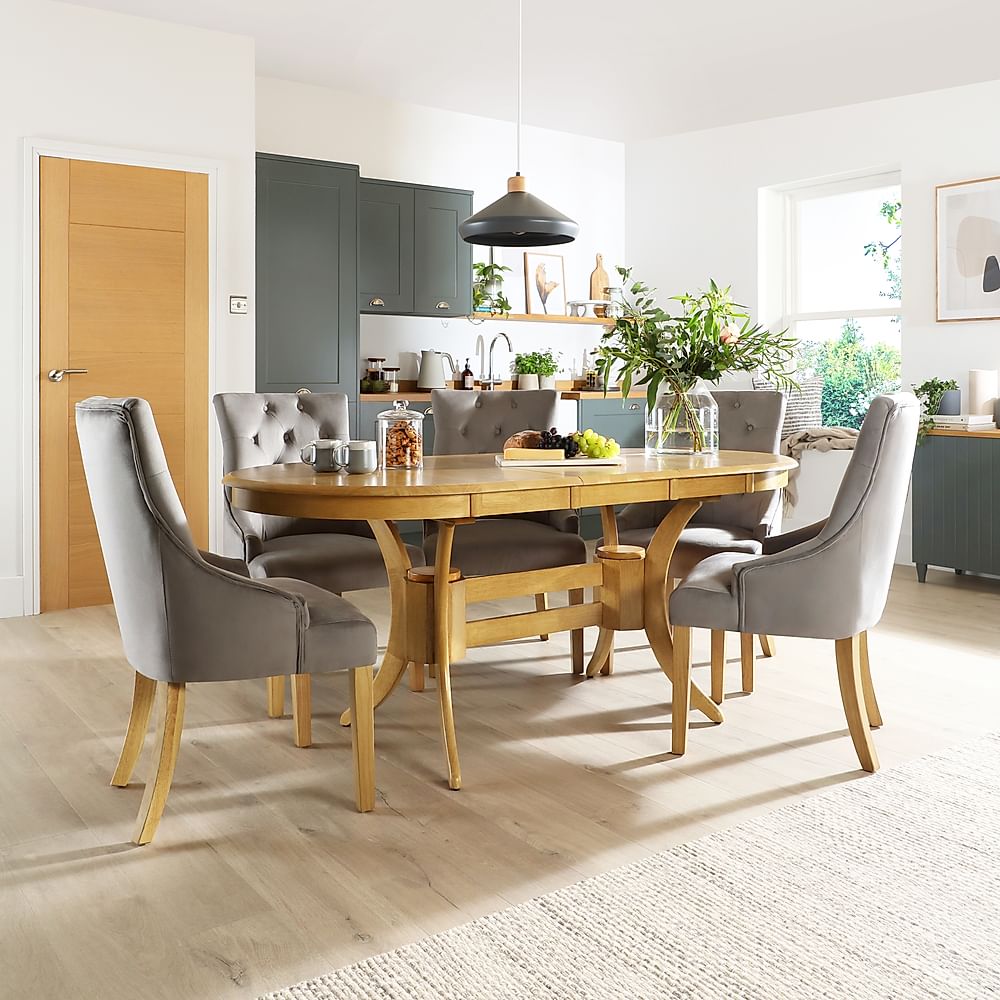 Townhouse Oval Extending Dining Table & 4 Duke Chairs, Natural Oak Finished Solid Hardwood, Grey Classic Velvet, 150-180cm
