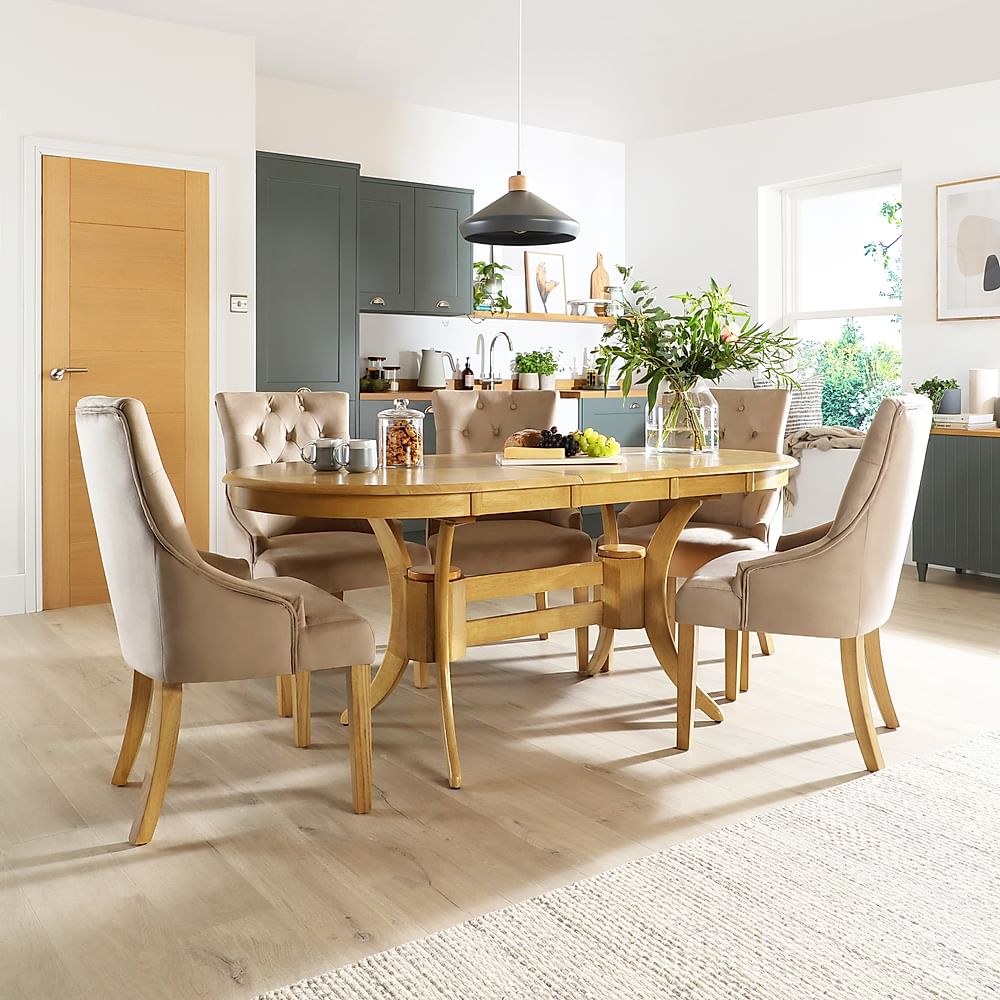 Townhouse Oval Extending Dining Table & 4 Duke Chairs, Natural Oak Finished Solid Hardwood, Champagne Classic Velvet, 150-180cm