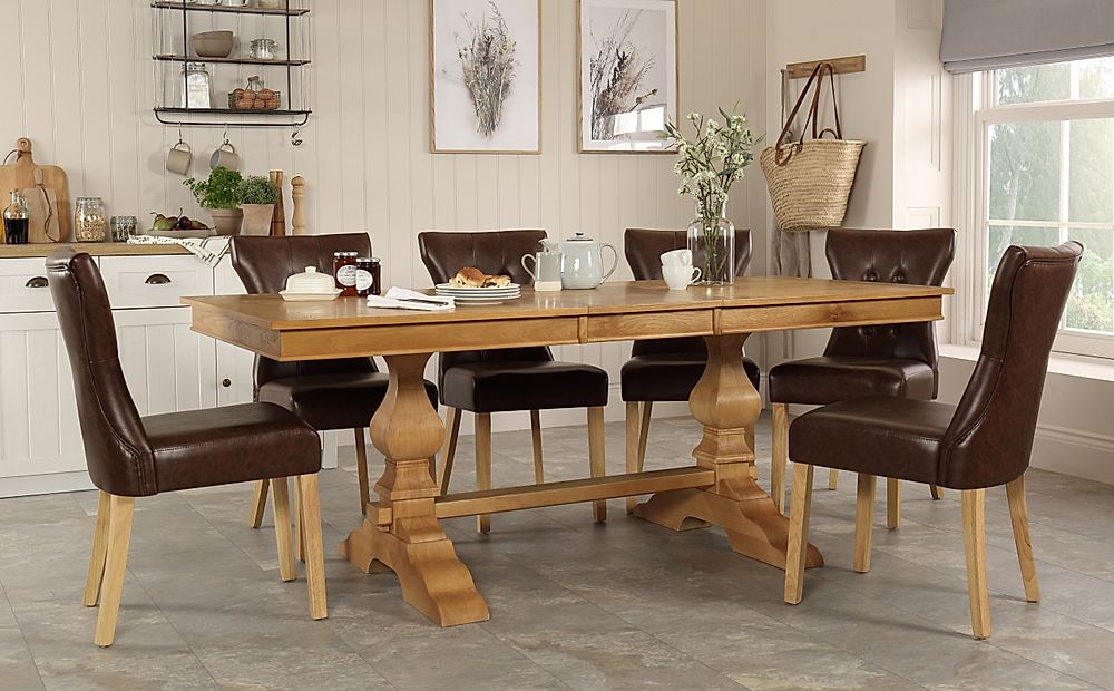 Cavendish Extending Dining Table & 4 Bewley Chairs, Natural Oak Veneer & Solid Hardwood, Club Brown Classic Faux Leather & Natural Oak Finished Solid Hardwood, 160-200cm