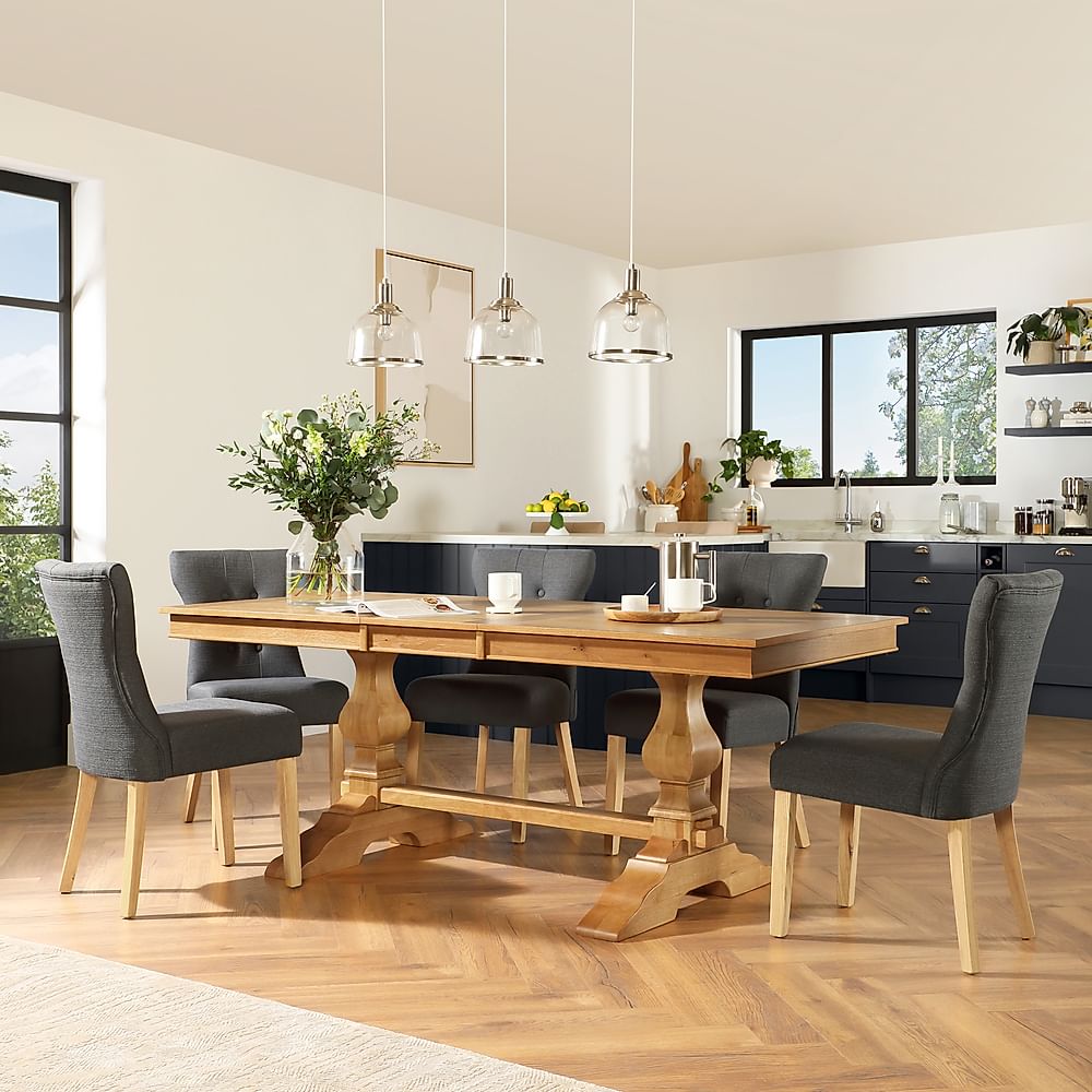 Cavendish Extending Dining Table & 6 Bewley Chairs, Natural Oak Veneer & Solid Hardwood, Slate Grey Classic Linen-Weave Fabric & Natural Oak Finished Solid Hardwood, 160-200cm