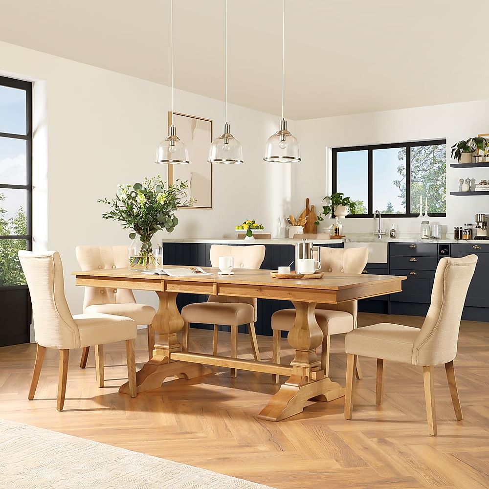 Cavendish Extending Dining Table & 6 Bewley Chairs, Natural Oak Veneer & Solid Hardwood, Oatmeal Classic Linen-Weave Fabric & Natural Oak Finished Solid Hardwood, 160-200cm