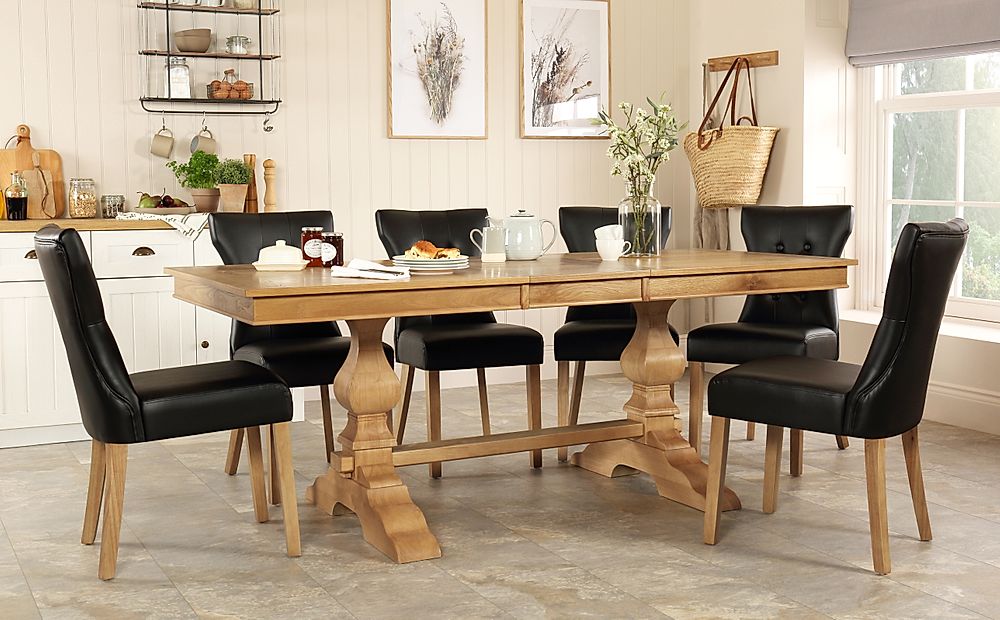 Cavendish Extending Dining Table & 8 Bewley Chairs, Natural Oak Veneer & Solid Hardwood, Black Classic Faux Leather & Natural Oak Finished Solid Hardwood, 160-200cm