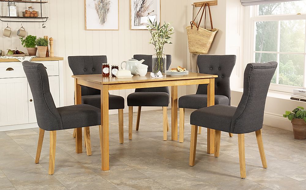 Milton Dining Table & 4 Bewley Chairs, Natural Oak Finished Solid Hardwood, Slate Grey Classic Linen-Weave Fabric, 120cm