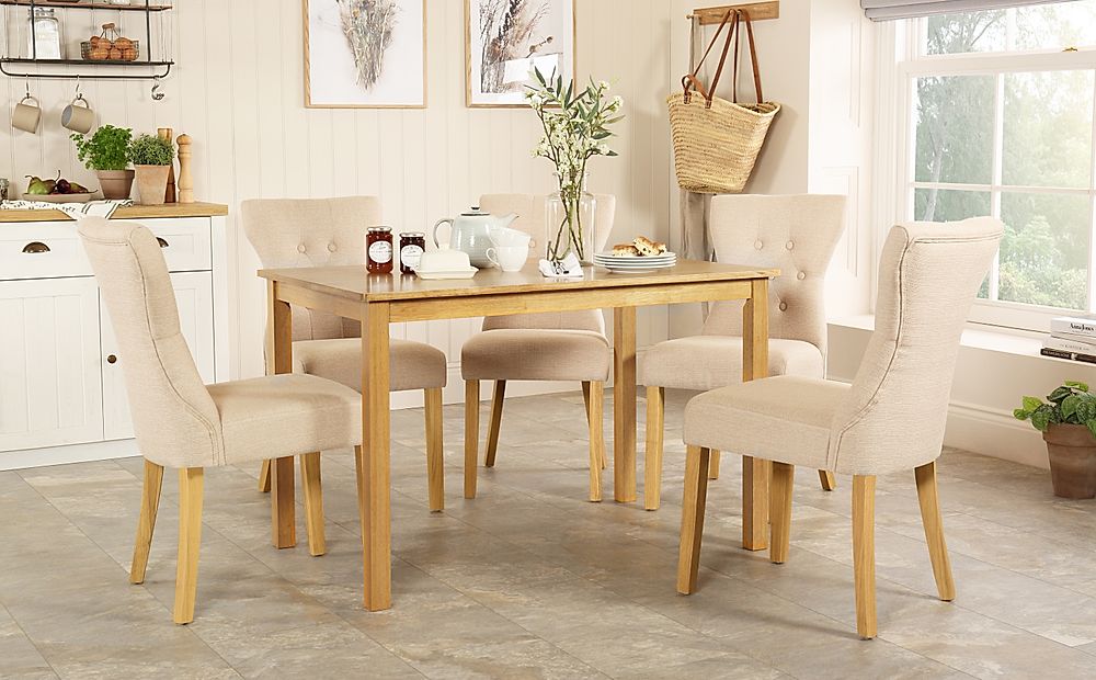 Milton Dining Table & 4 Bewley Chairs, Natural Oak Finished Solid Hardwood, Oatmeal Classic Linen-Weave Fabric, 120cm