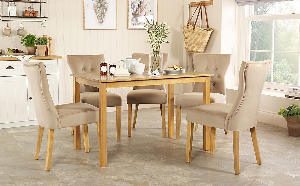 Milton Dining Table & 4 Bewley Chairs, Natural Oak Finished Solid Hardwood, Champagne Classic Velvet, 120cm