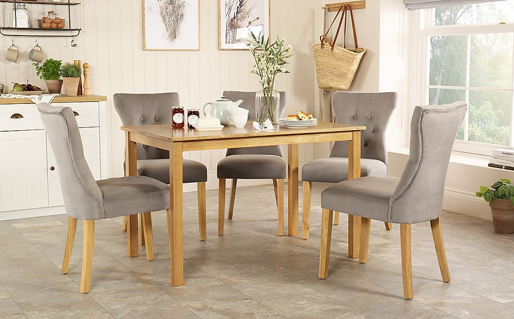 Milton Dining Table & 6 Bewley Chairs, Natural Oak Finished Solid Hardwood, Grey Classic Velvet, 120cm