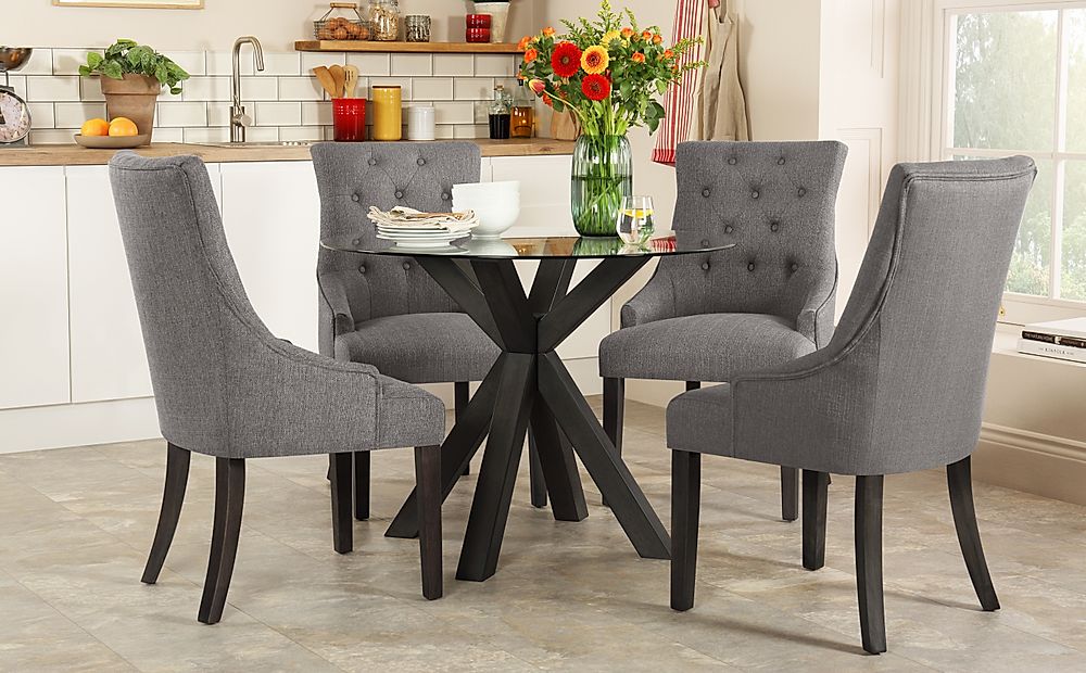 Hatton Round Grey Wood And Glass Dining, Dining Table With Grey Fabric Chairs