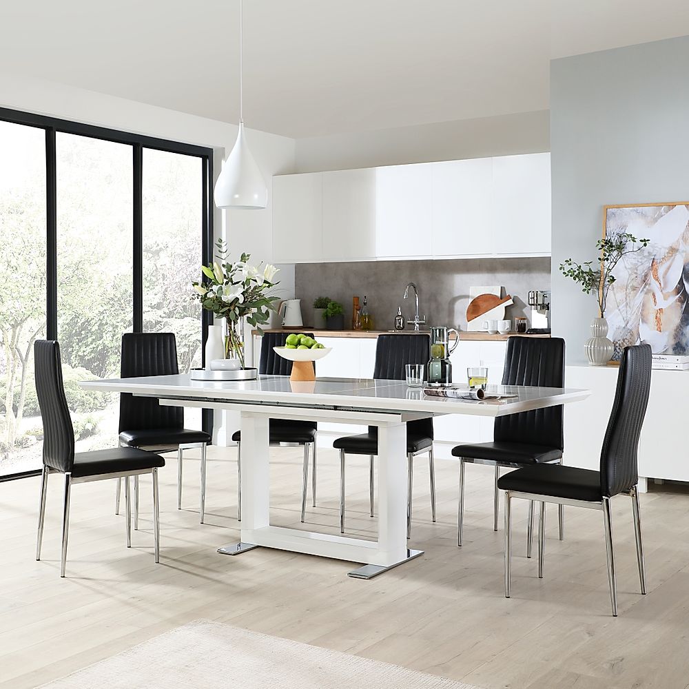 Tokyo Extending Dining Table & 6 Leon Chairs, White High Gloss, Black Classic Faux Leather & Chrome, 160-220cm