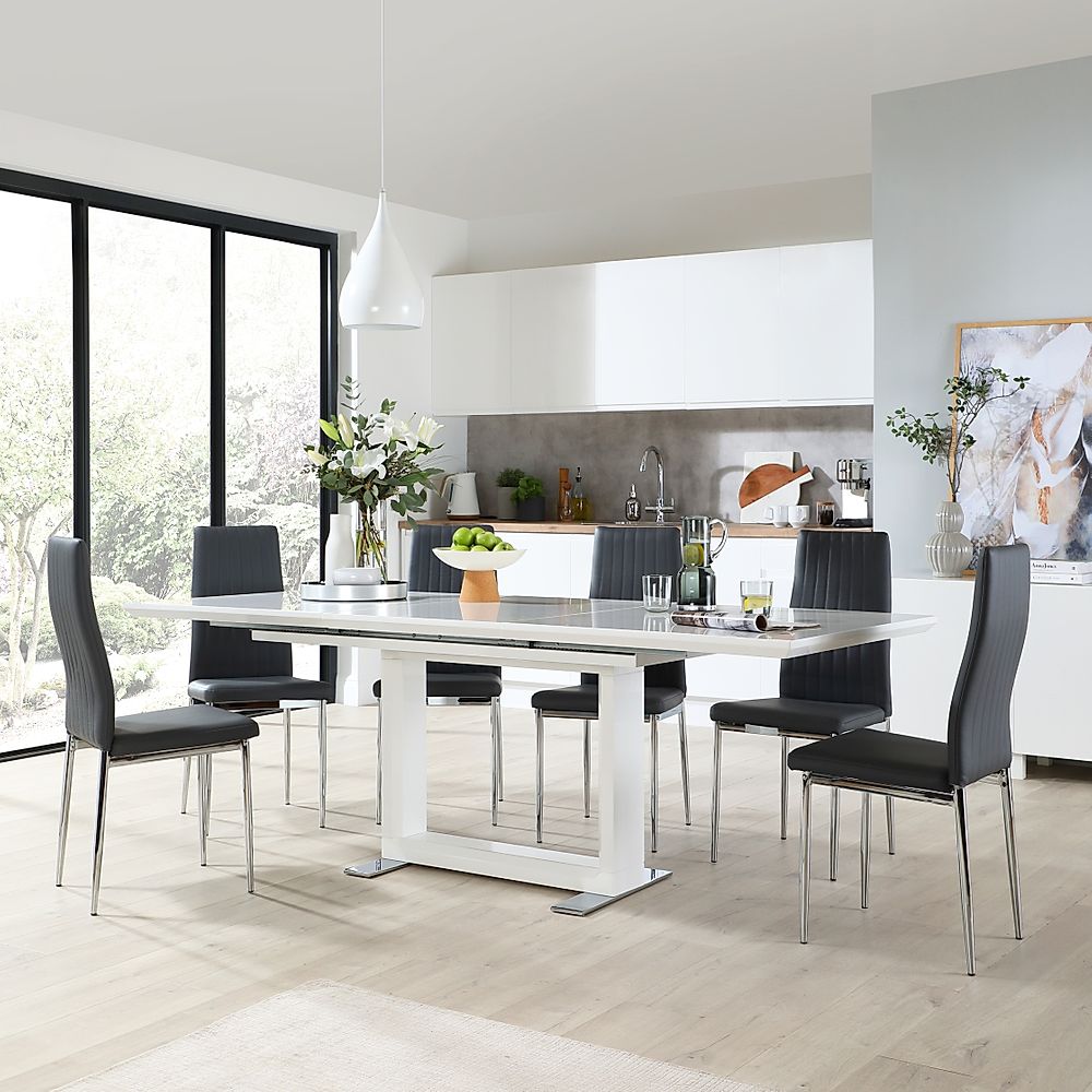 Tokyo Extending Dining Table & 4 Leon Chairs, White High Gloss, Grey Classic Faux Leather & Chrome, 160-220cm