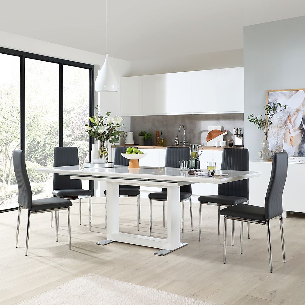 Tokyo Extending Dining Table & 6 Leon Chairs, White High Gloss, Grey Classic Faux Leather & Chrome, 160-220cm
