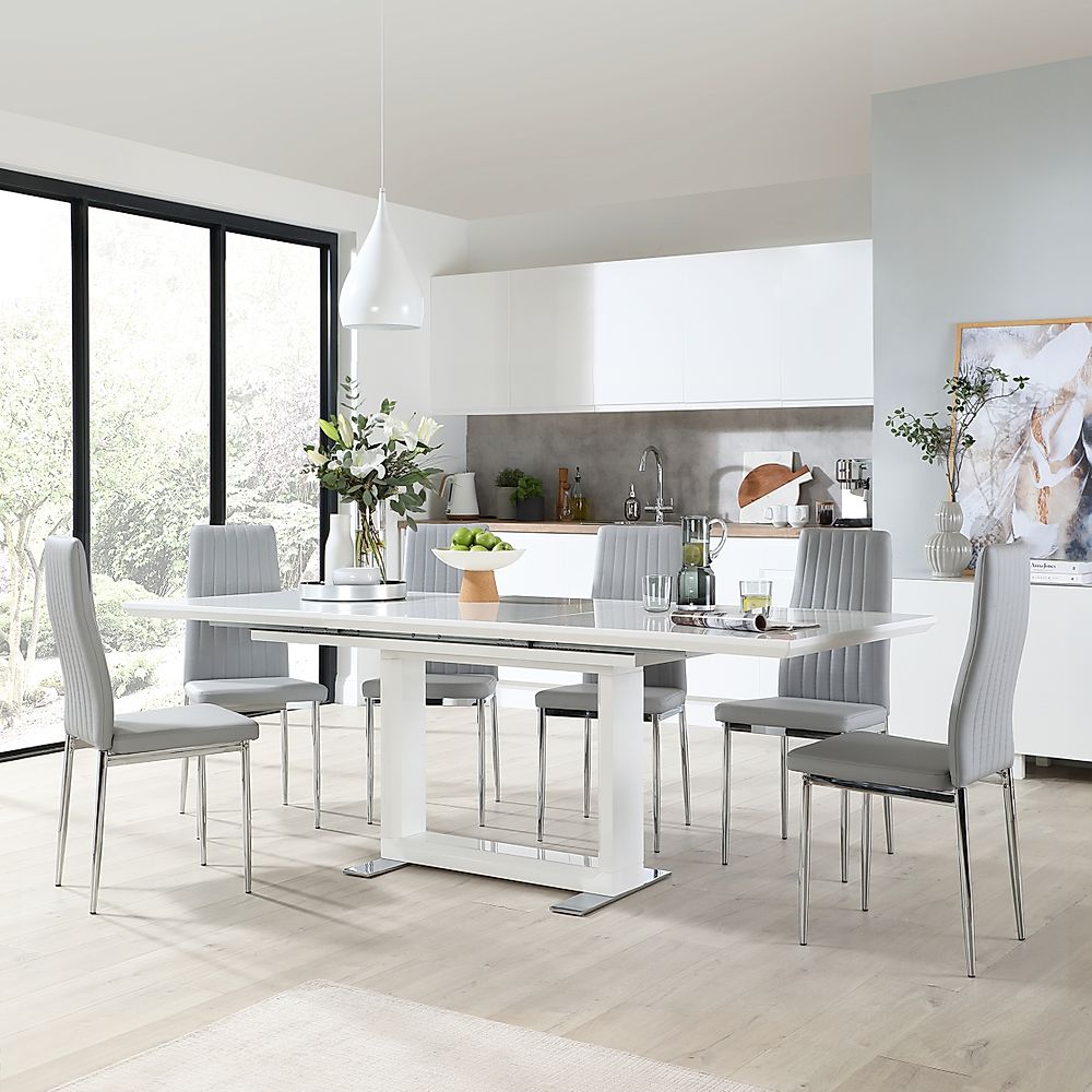 Tokyo Extending Dining Table & 4 Leon Chairs, White High Gloss, Light Grey Classic Faux Leather & Chrome, 160-220cm