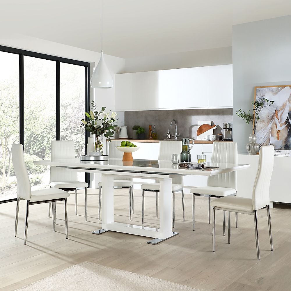 Tokyo Extending Dining Table & 8 Leon Chairs, White High Gloss, White Classic Faux Leather & Chrome, 160-220cm