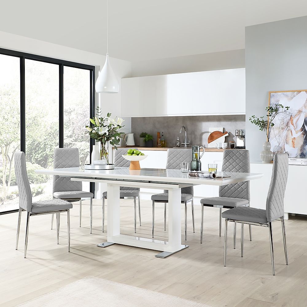Tokyo Extending Dining Table & 4 Renzo Chairs, White High Gloss, Light Grey Classic Faux Leather & Chrome, 160-220cm