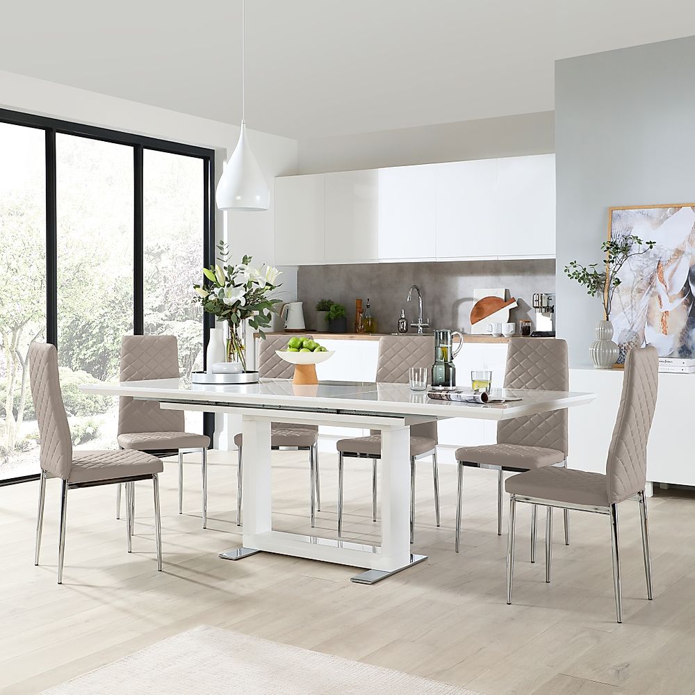 Tokyo Extending Dining Table & 6 Renzo Chairs, White High Gloss, Stone Grey Classic Faux Leather & Chrome, 160-220cm