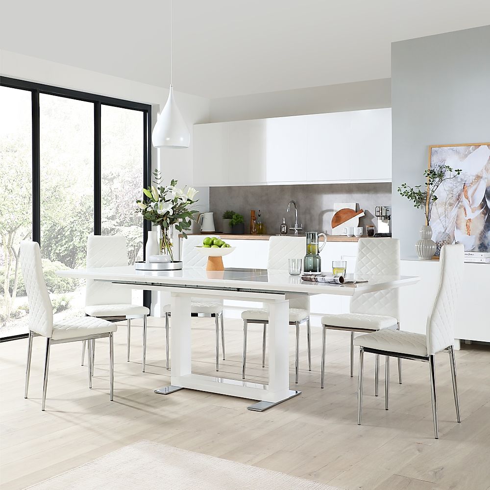 Tokyo Extending Dining Table & 4 Renzo Chairs, White High Gloss, White Classic Faux Leather & Chrome, 160-220cm