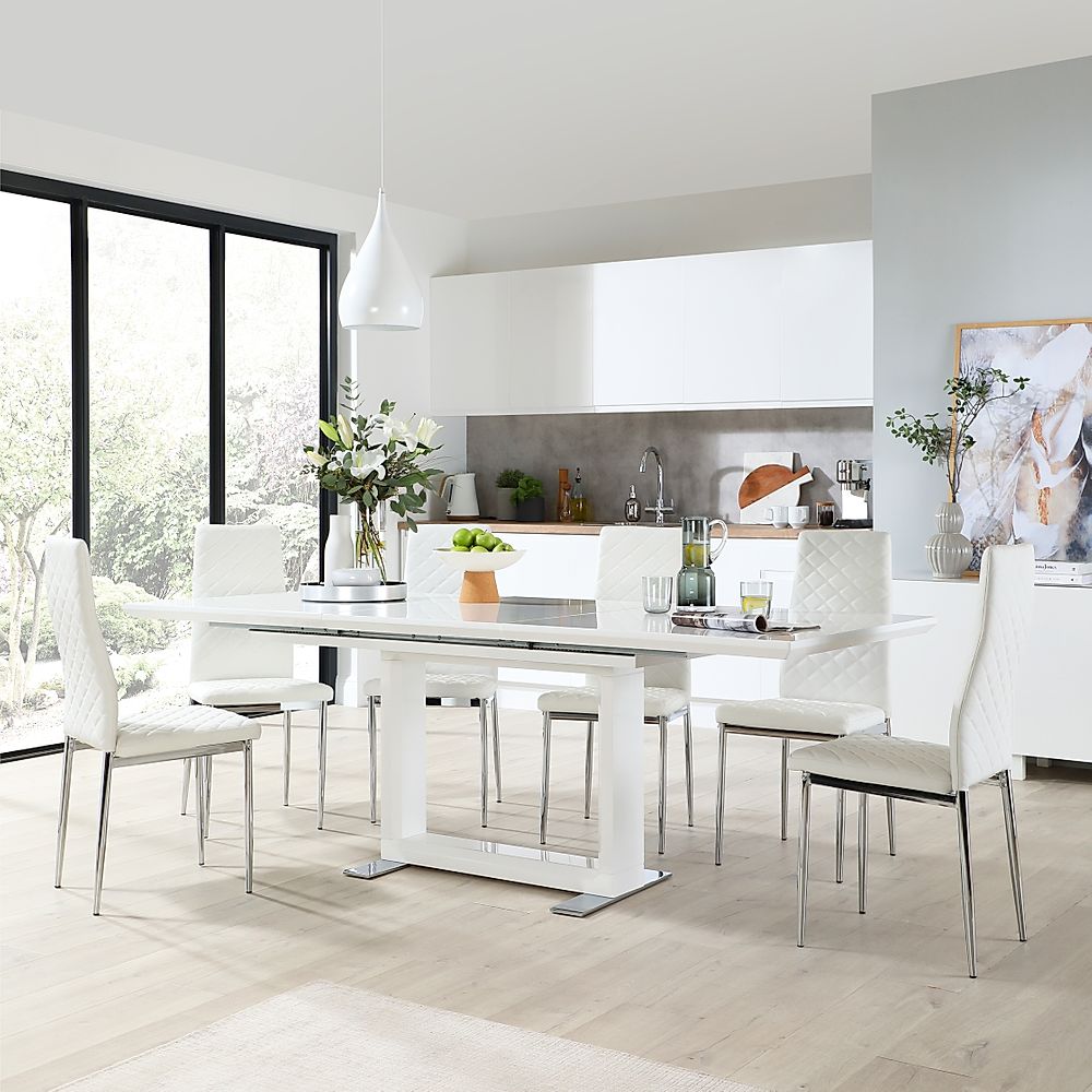 Tokyo Extending Dining Table & 6 Renzo Chairs, White High Gloss, White Classic Faux Leather & Chrome, 160-220cm