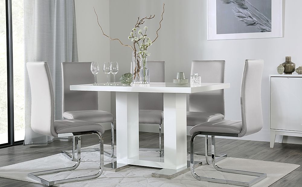 Joule Dining Table & 4 Perth Chairs, White High Gloss, Light Grey Classic Faux Leather & Chrome, 120cm