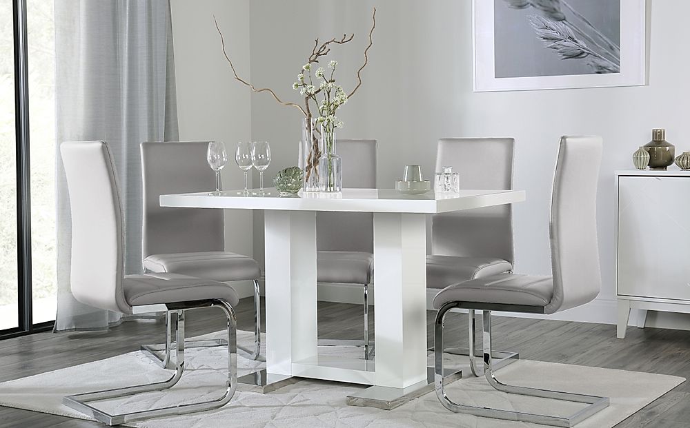 Joule Dining Table & 6 Perth Chairs, White High Gloss, Light Grey Classic Faux Leather & Chrome, 120cm