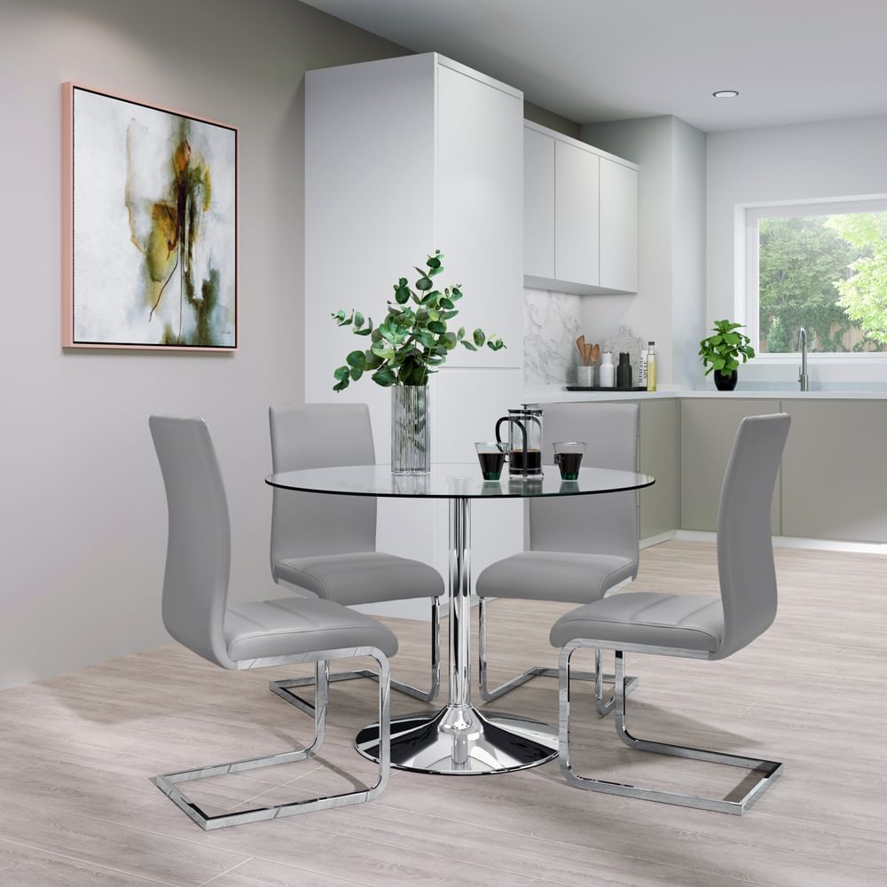 Orbit Round Dining Table & 4 Perth Chairs, Glass & Chrome, Light Grey Classic Faux Leather, 110cm