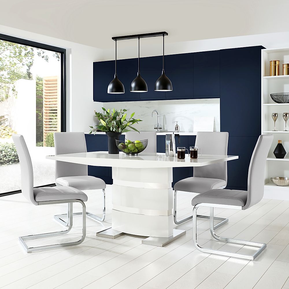 Komoro Dining Table & 6 Perth Chairs, White High Gloss & Chrome, Light Grey Classic Faux Leather, 160cm