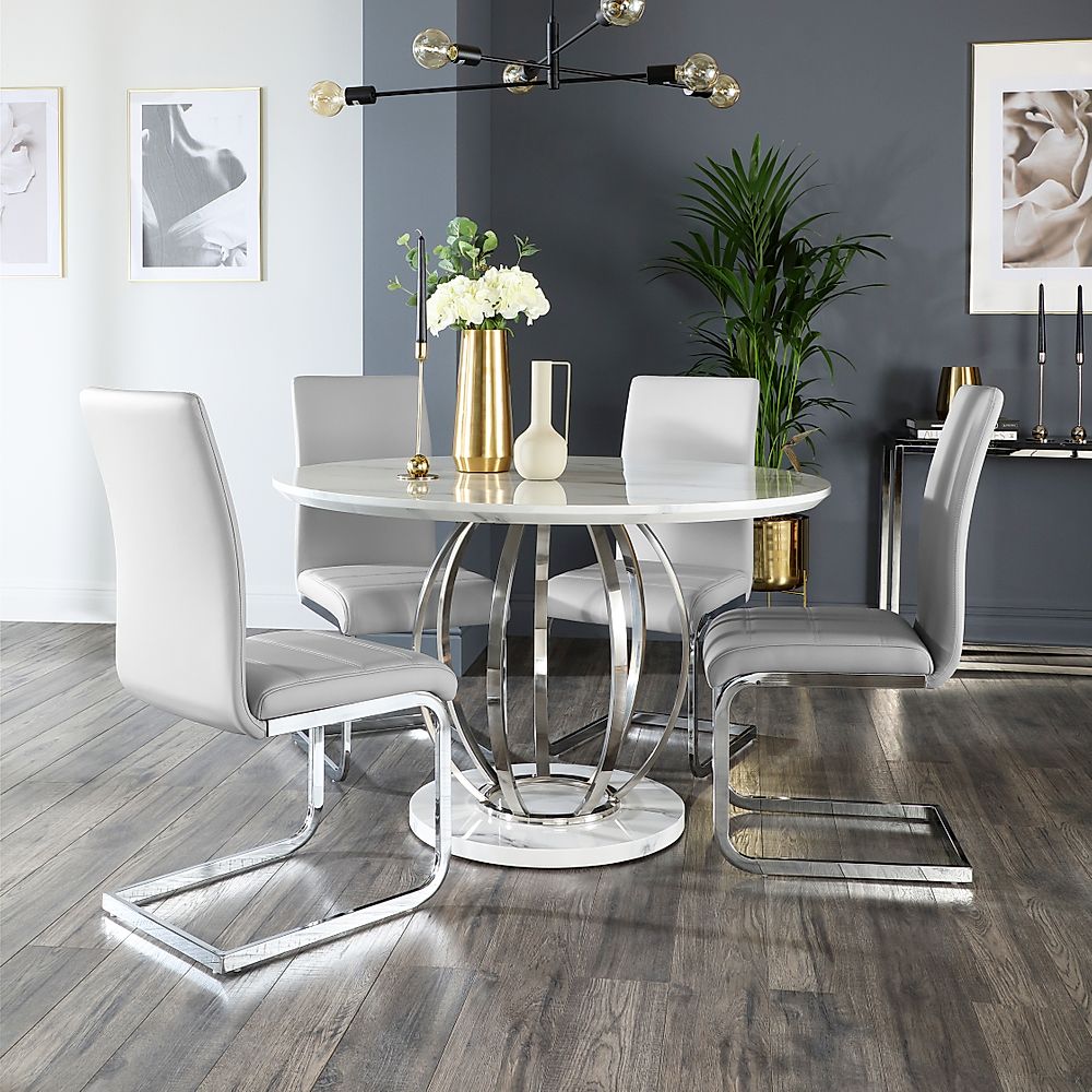 Savoy Round Dining Table & 4 Perth Chairs, White Marble Effect & Chrome, Light Grey Classic Faux Leather, 120cm