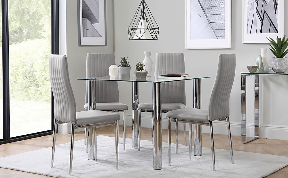 Nova Square Dining Table & 4 Leon Chairs, Glass & Chrome, Light Grey Classic Faux Leather, 90cm