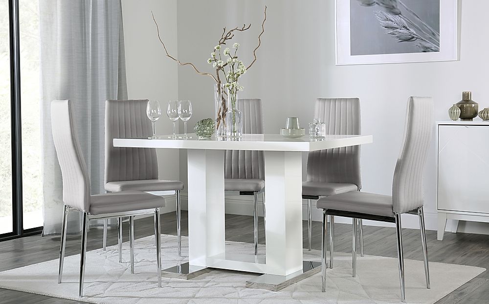 Joule Dining Table & 6 Leon Chairs, White High Gloss, Light Grey Classic Faux Leather & Chrome, 120cm