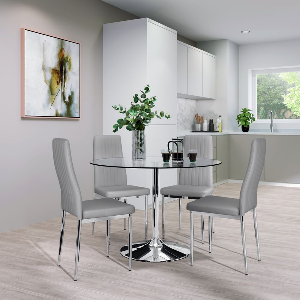 Orbit Round Dining Table & 4 Leon Chairs, Glass & Chrome, Light Grey Classic Faux Leather, 110cm