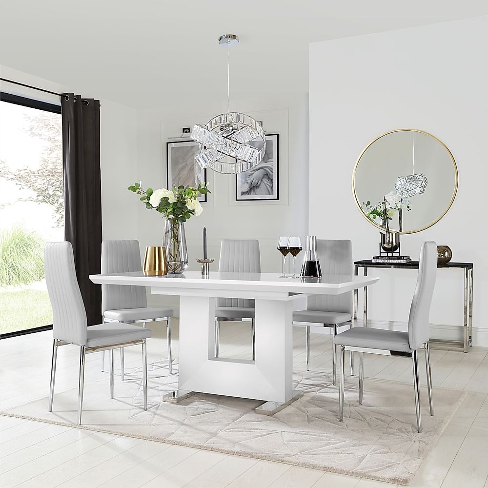 Florence Extending Dining Table & 4 Leon Chairs, White High Gloss, Light Grey Classic Faux Leather & Chrome, 120-160cm