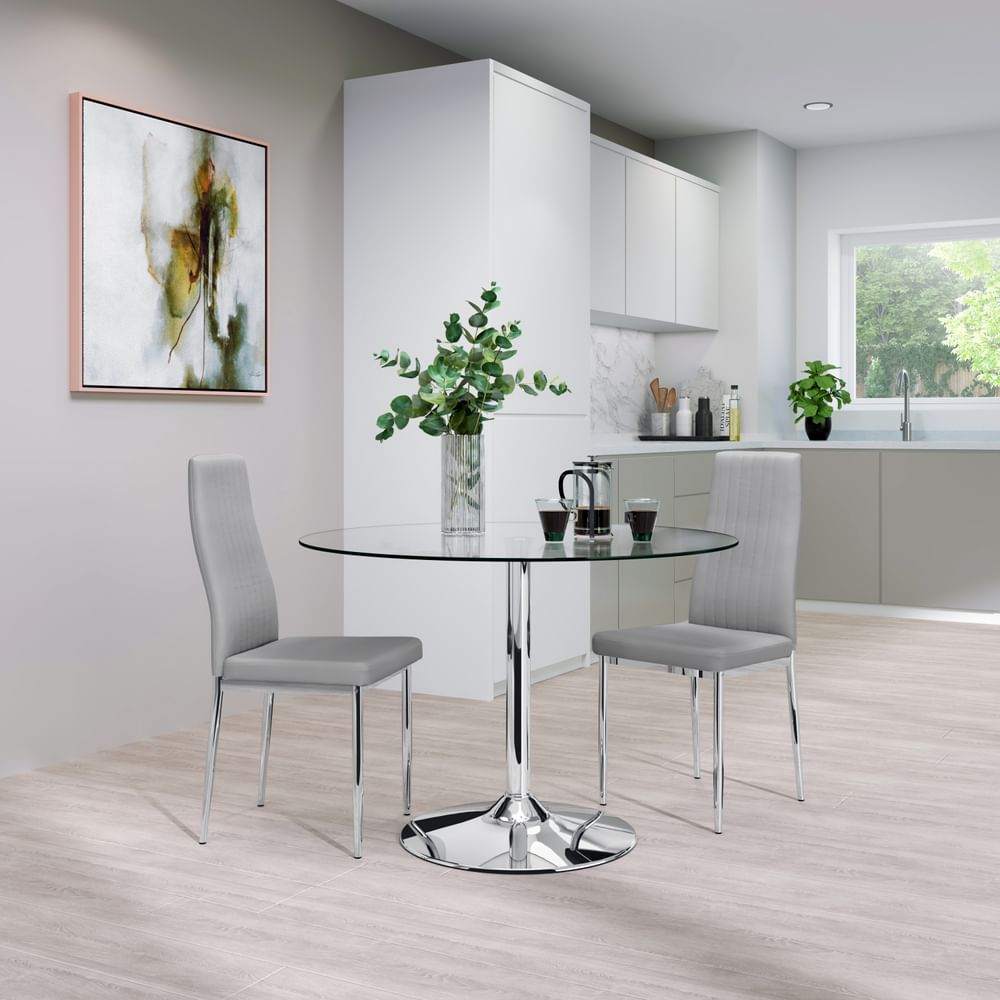 Orbit Round Dining Table & 2 Leon Chairs, Glass & Chrome, Light Grey Classic Faux Leather, 110cm