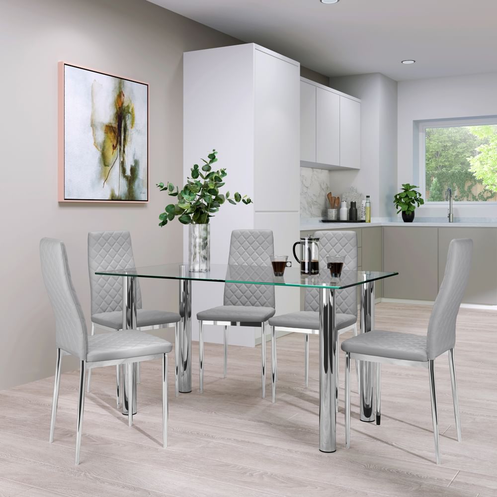 Lunar Dining Table & 4 Renzo Chairs, Glass & Chrome, Light Grey Classic Faux Leather, 140cm