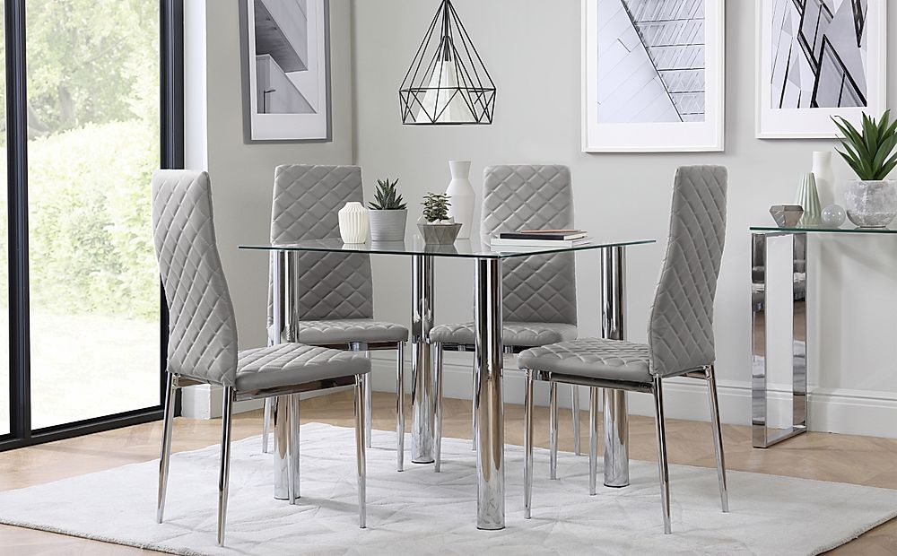 Nova Square Dining Table & 4 Renzo Chairs, Glass & Chrome, Light Grey Classic Faux Leather, 90cm