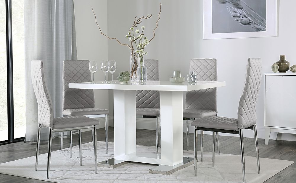 Joule Dining Table & 4 Renzo Chairs, White High Gloss, Light Grey Classic Faux Leather & Chrome, 120cm