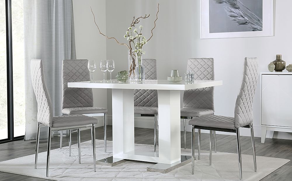 Joule Dining Table & 6 Renzo Chairs, White High Gloss, Light Grey Classic Faux Leather & Chrome, 120cm