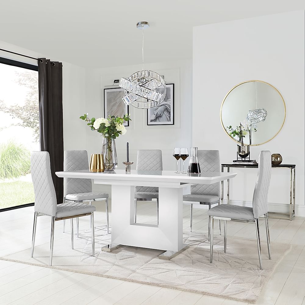 Florence Extending Dining Table & 4 Renzo Chairs, White High Gloss, Light Grey Classic Faux Leather & Chrome, 120-160cm